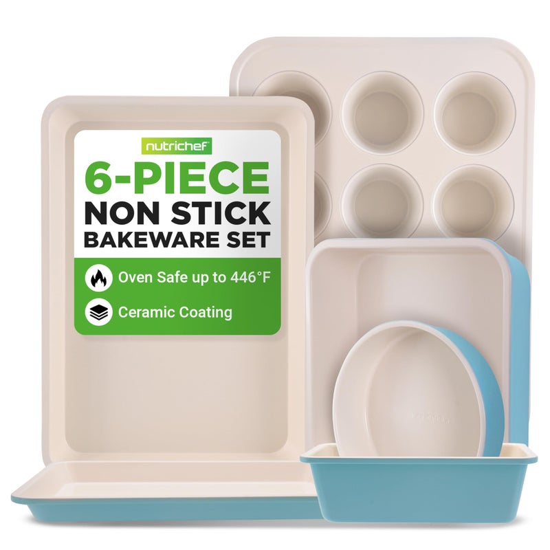 NutriChef 6-Piece Baking Pan Set, Premium Carbon Steel Bakeware with Durable Ceramic Non-Stick Coating - Includes Wide Baking Pan, Medium Size Cookie Sheet, Muffin Pan, Cake & Loaf Pan - Turquoise - Image 1